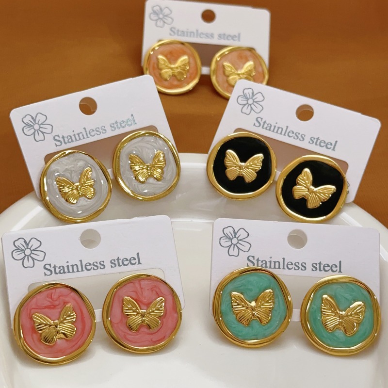 Retro Vintage Korean Fashion - Brincos de Borboleta Redondos em Aço