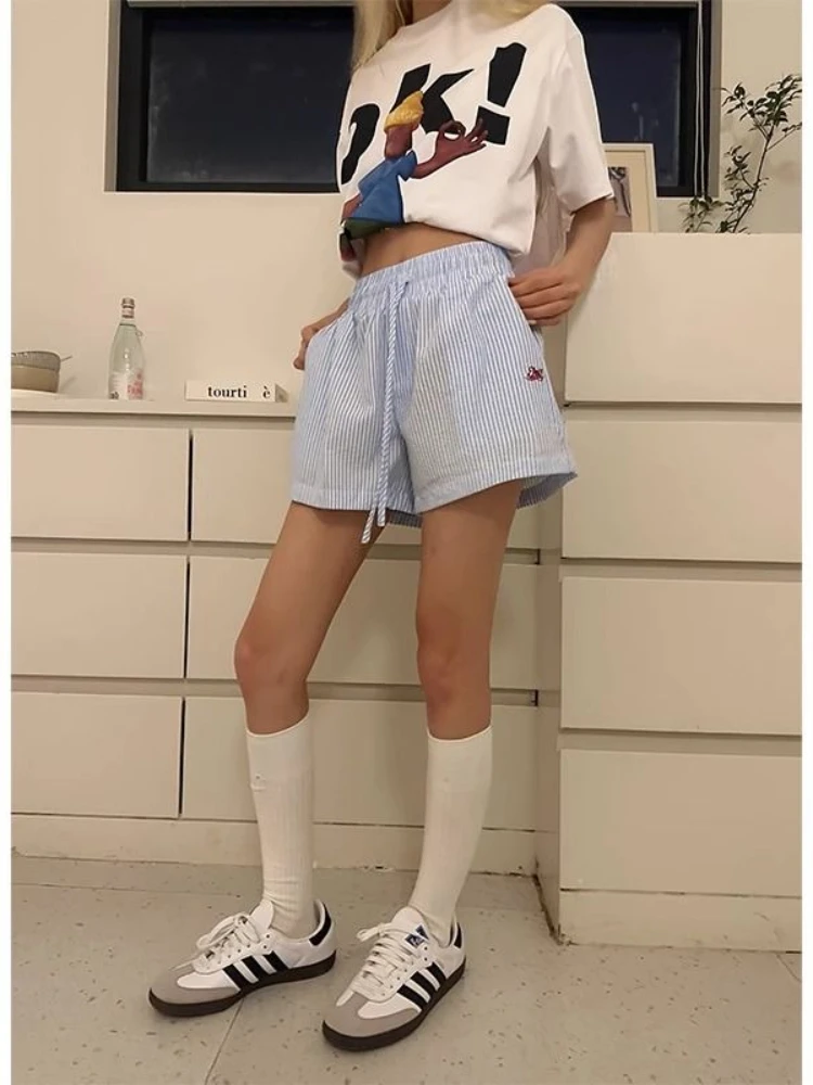 Y2k listrado shorts feminino o - Retro Vintage Korean Fashion avaliação e preço