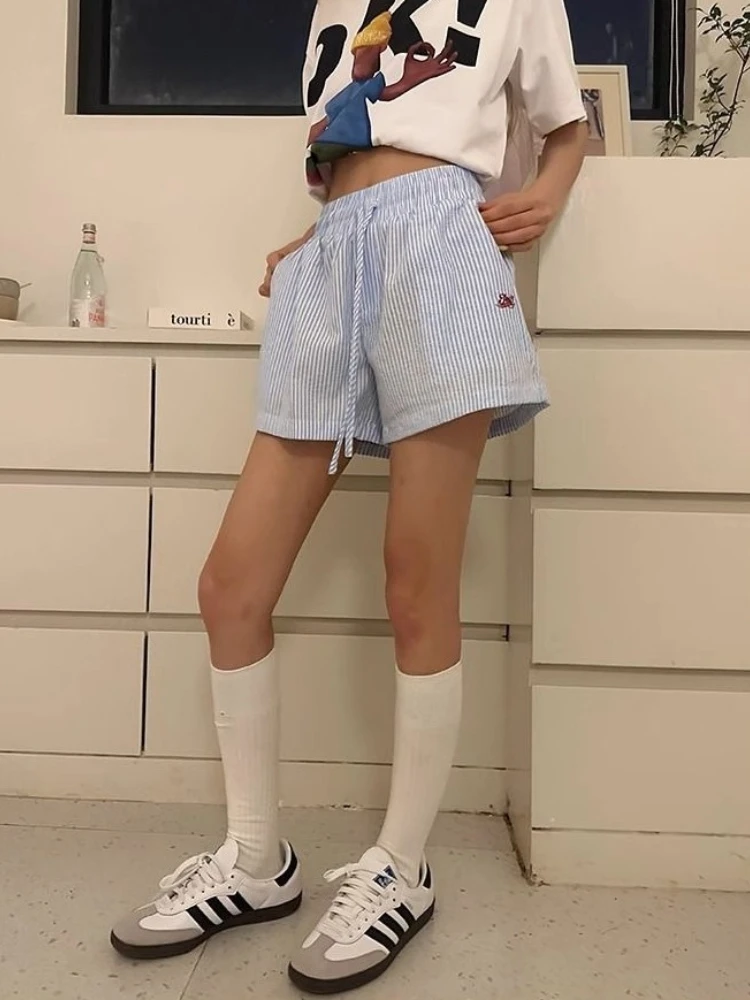 Y2k listrado shorts feminino o - Retro Vintage Korean Fashion avaliação e preço
